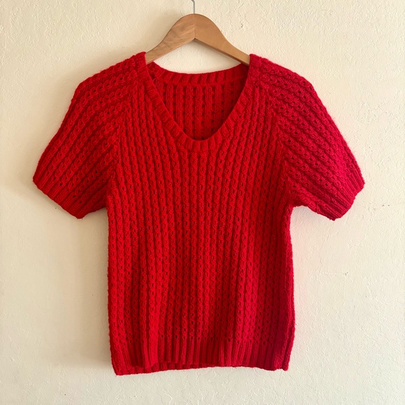 Vintage Sweaters - Handknit Red Short Sleeve Sweater Top MEDIUM